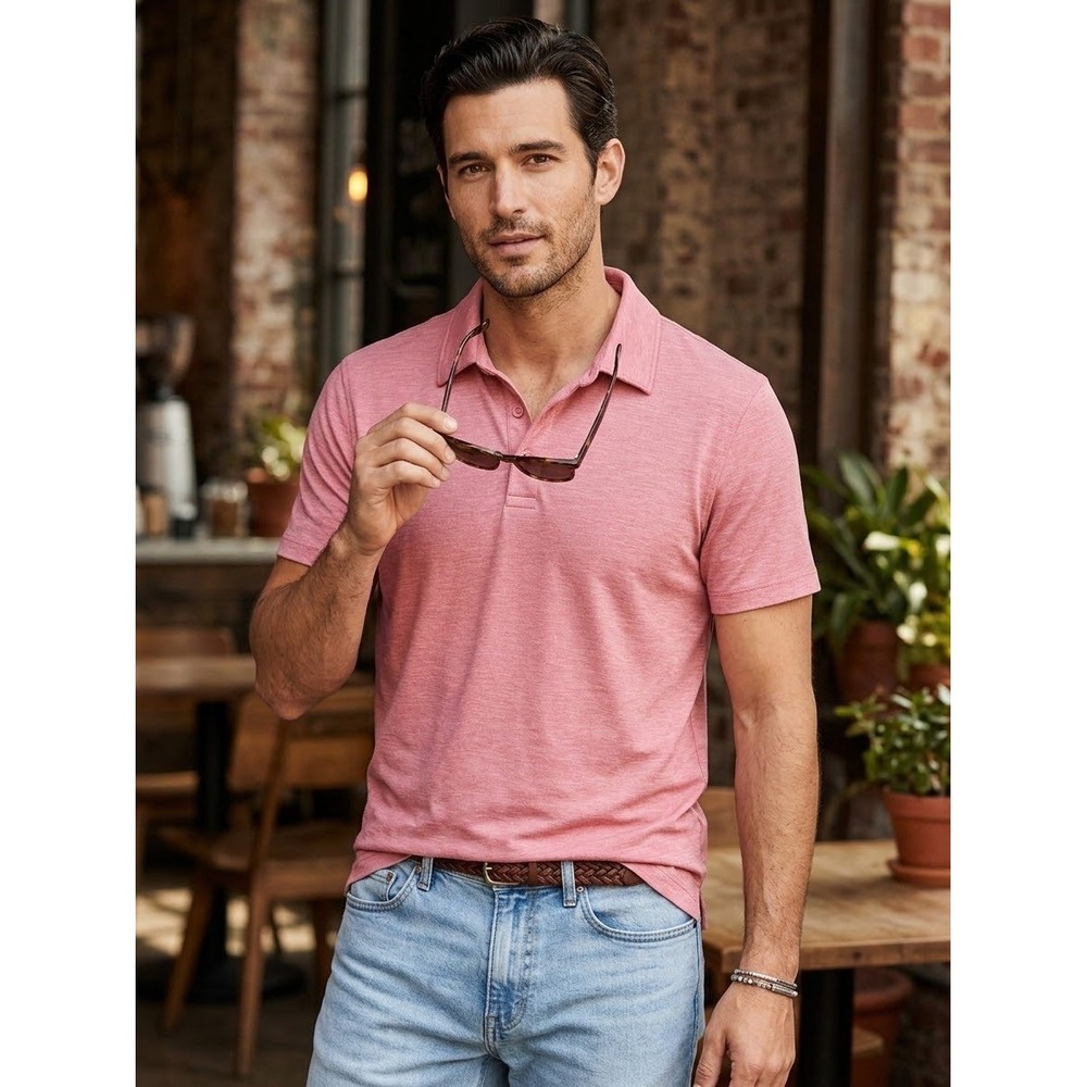 J.Crew Performance Mens Polo Shirt Pink Heathered Short Sleeve Stretch Size M